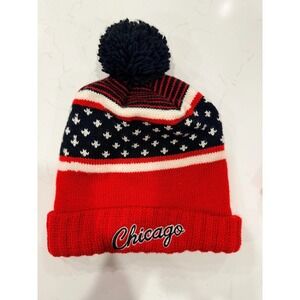 Mitchell & Ness Chicago Beanie Winter Hat Cuffed Pom Knit USA Flag Red White Blu